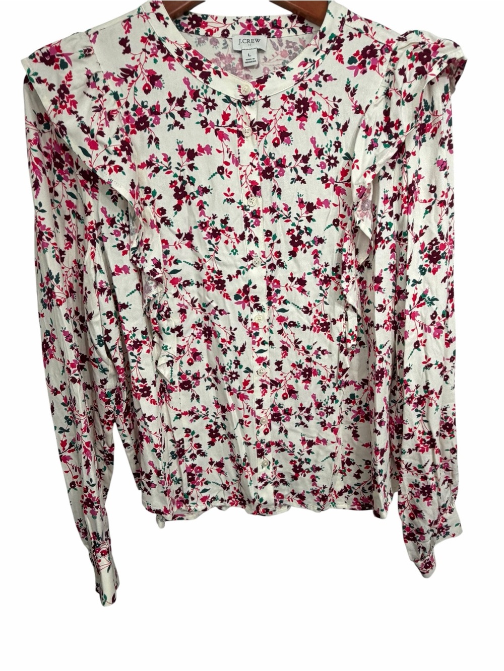 J. Crew White Blouse with Pink and Green Floral Print